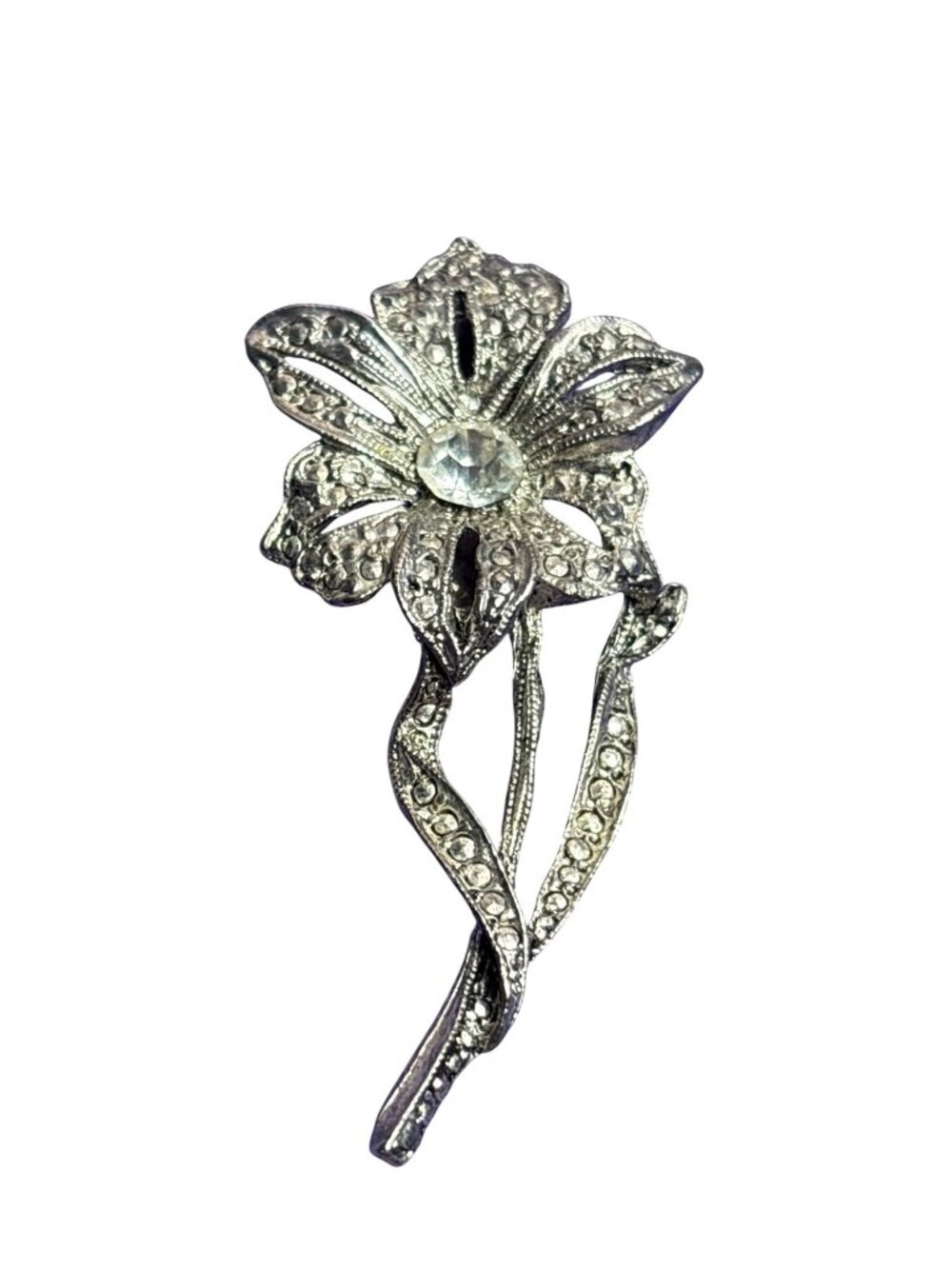 Vintage Silvertone Flower Brooch Clear Rhinestone 2.5 inches